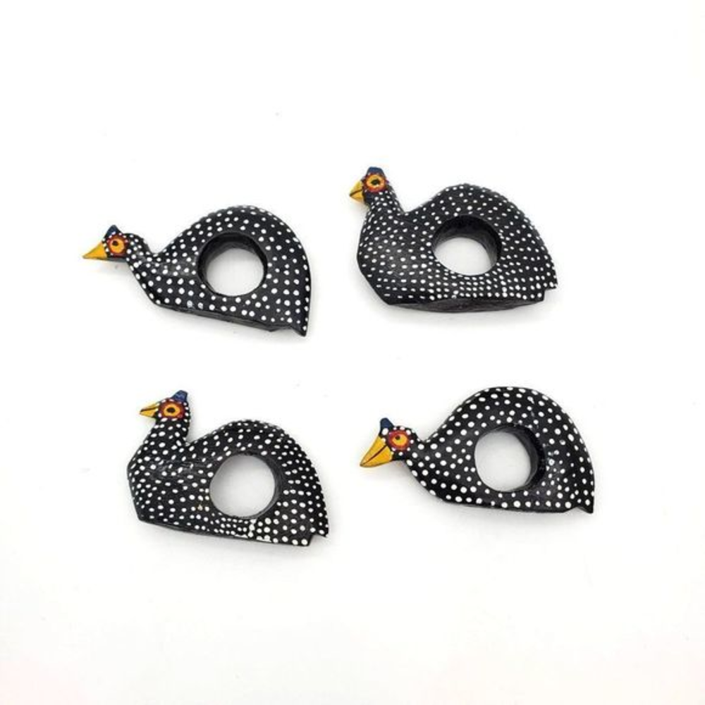 Carved Black Painted‎ Spotted Chicken Wood Napkin Rings Set of 4 Farmhouse Table